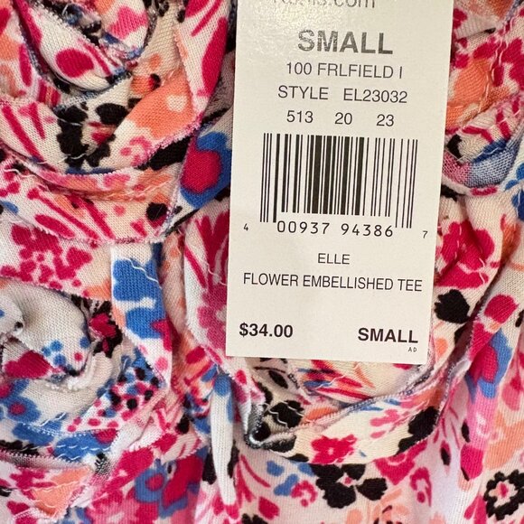 Elle Flower Embellished Tee Small Pink & Blue Floral Print NWT - Picture 2 of 3